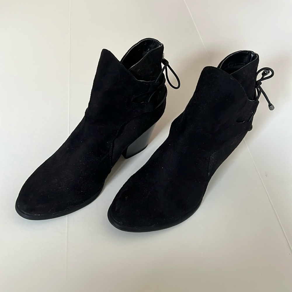Ankle Boots: Faux Suede with cute/sexy elastic ties. Black. Lovingly used.